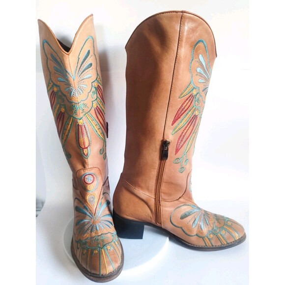 L'Artiste Knee High Tall Boots 10.5 - 11 / 42 Leather Embroidered Riding Boho - Picture 2 of 15